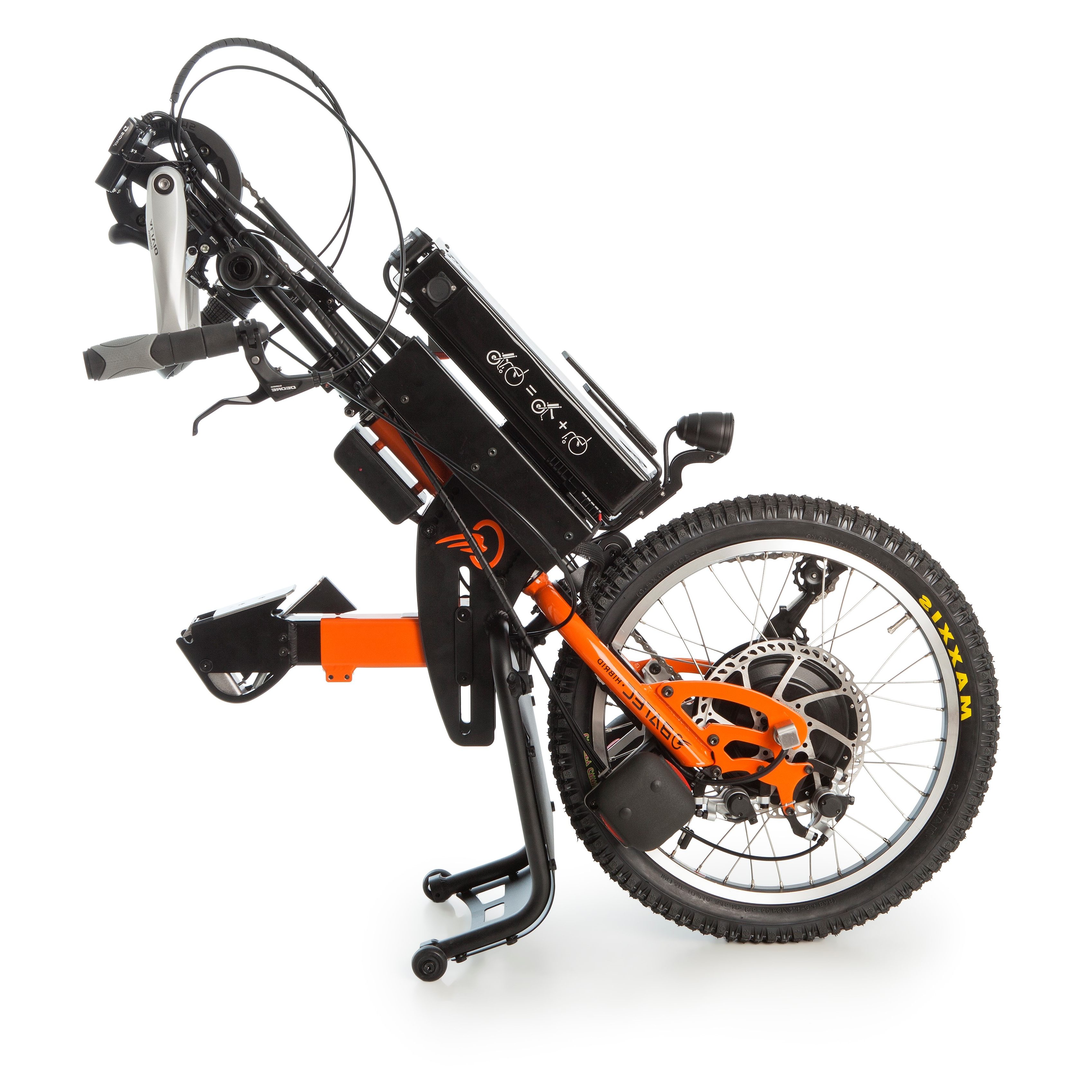 The Batec Hybrid add-on handbike, brings together the technology of the Batec Electric and the Batec Manual handbikes, to offer the equivalent of an electrically assisted bike.