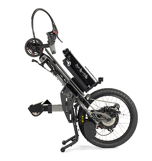The Batec Hybrid add-on handbike, brings together the technology of the Batec Electric and the Batec Manual handbikes, to offer the equivalent of an electrically assisted bike.